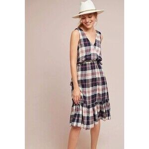 Anthropologie Isabella Sinclair Dickens Plaid Dress Sz XS V-Neck Cottage Core
